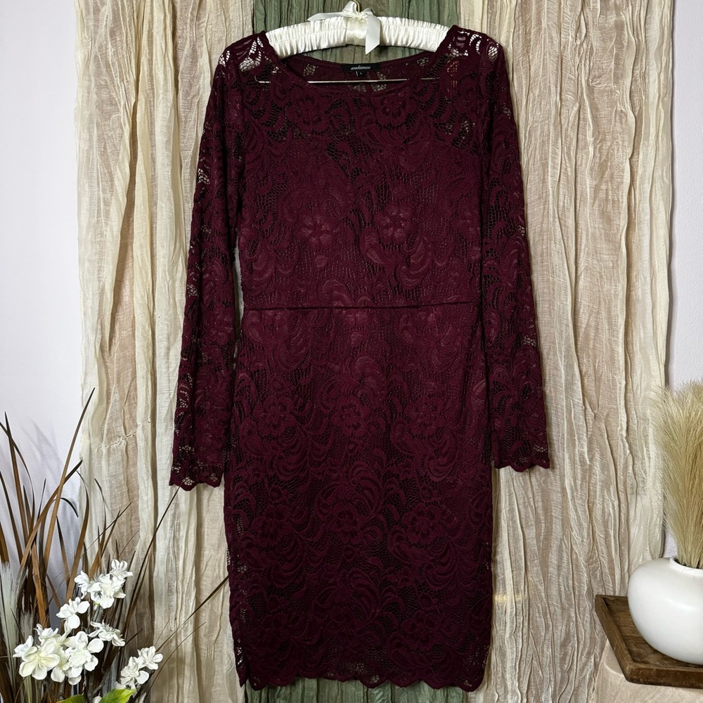 Ambiance Long Sleeve Lace Maroon Dress (L)